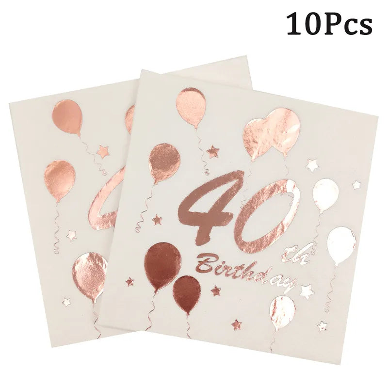 serviettes papier anniversaire rose pâle ballons chiffres étoiles effet métallique 30 40 50 60