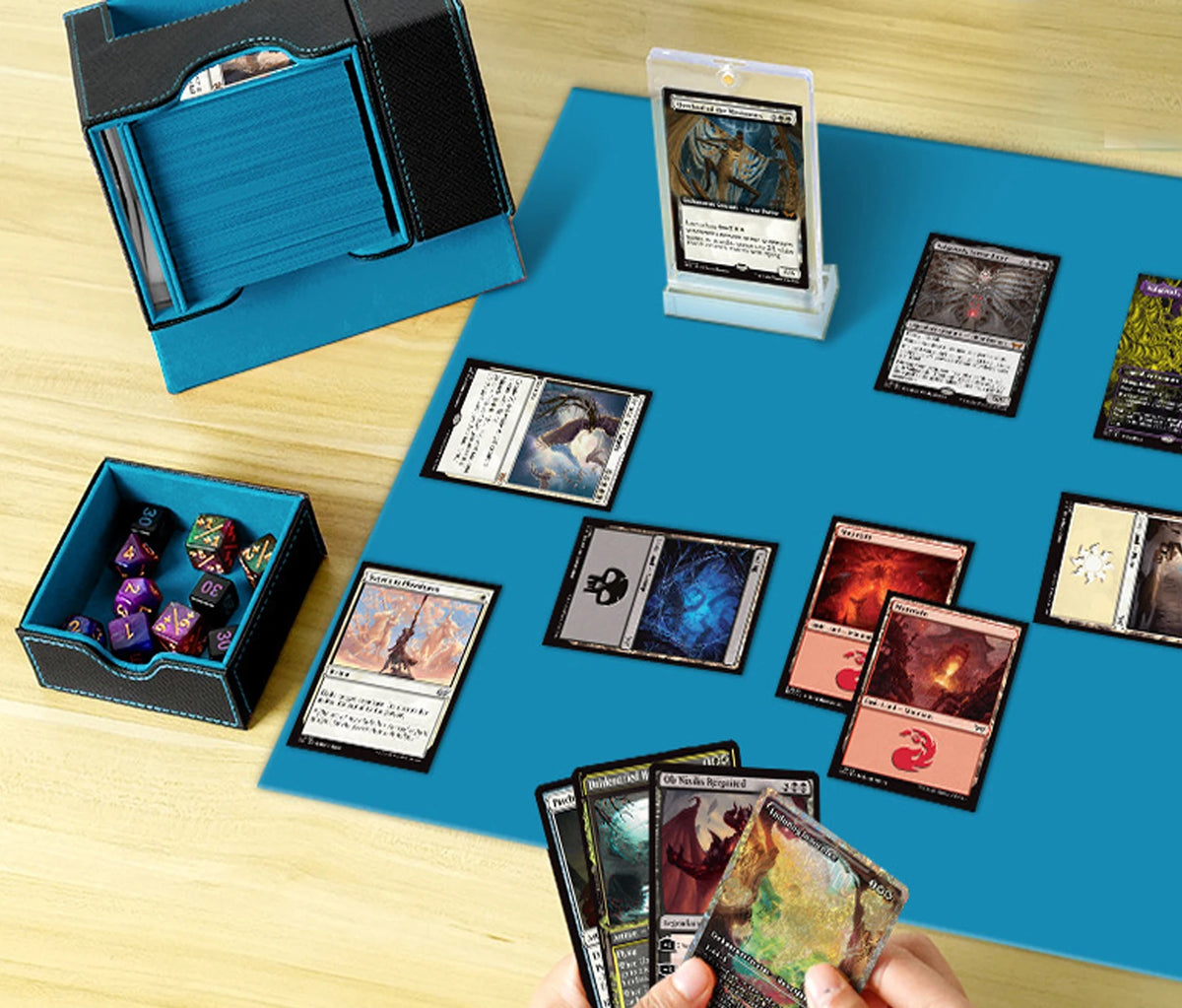 boîte rangement cartes jeu dés bleu noir simili cuir moderne pratique porte cartes