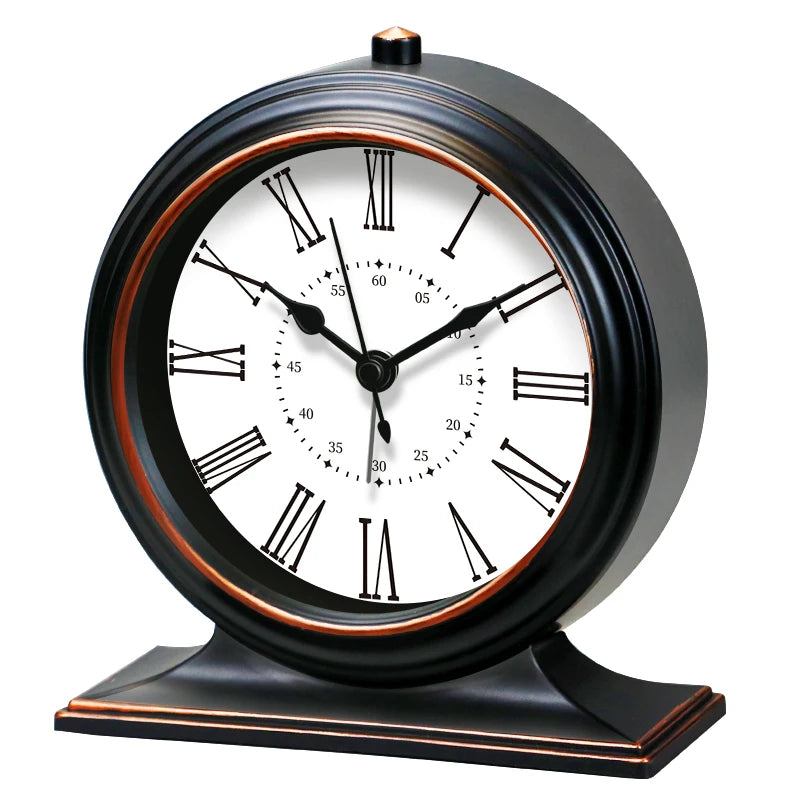 horloge table classique quartz aiguille brun foncé cadre bois chiffres romains transparent verre vintage