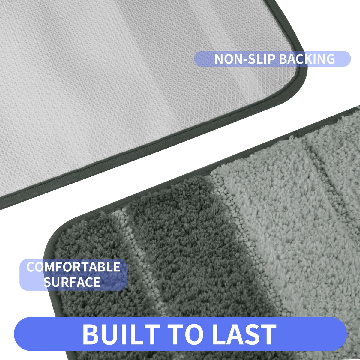 tapis bain ensemble deux pièces gris blanc noir rayé texture duveteuse moderne antidérapant respectueux