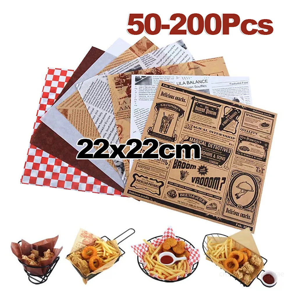 papier alimentaire ciré vintage motif journal carreaux burger sandwich frites emballage usage unique