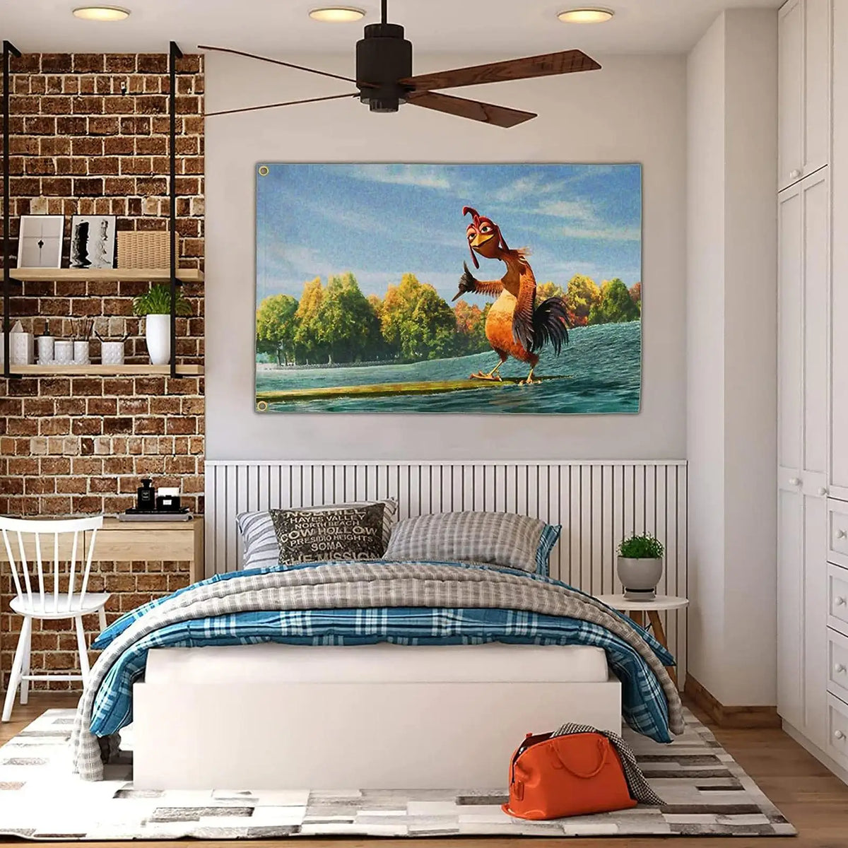 affiche murale coq moderne orange noire blanche bleue verte marron opaque 150x90cm decoration interieur