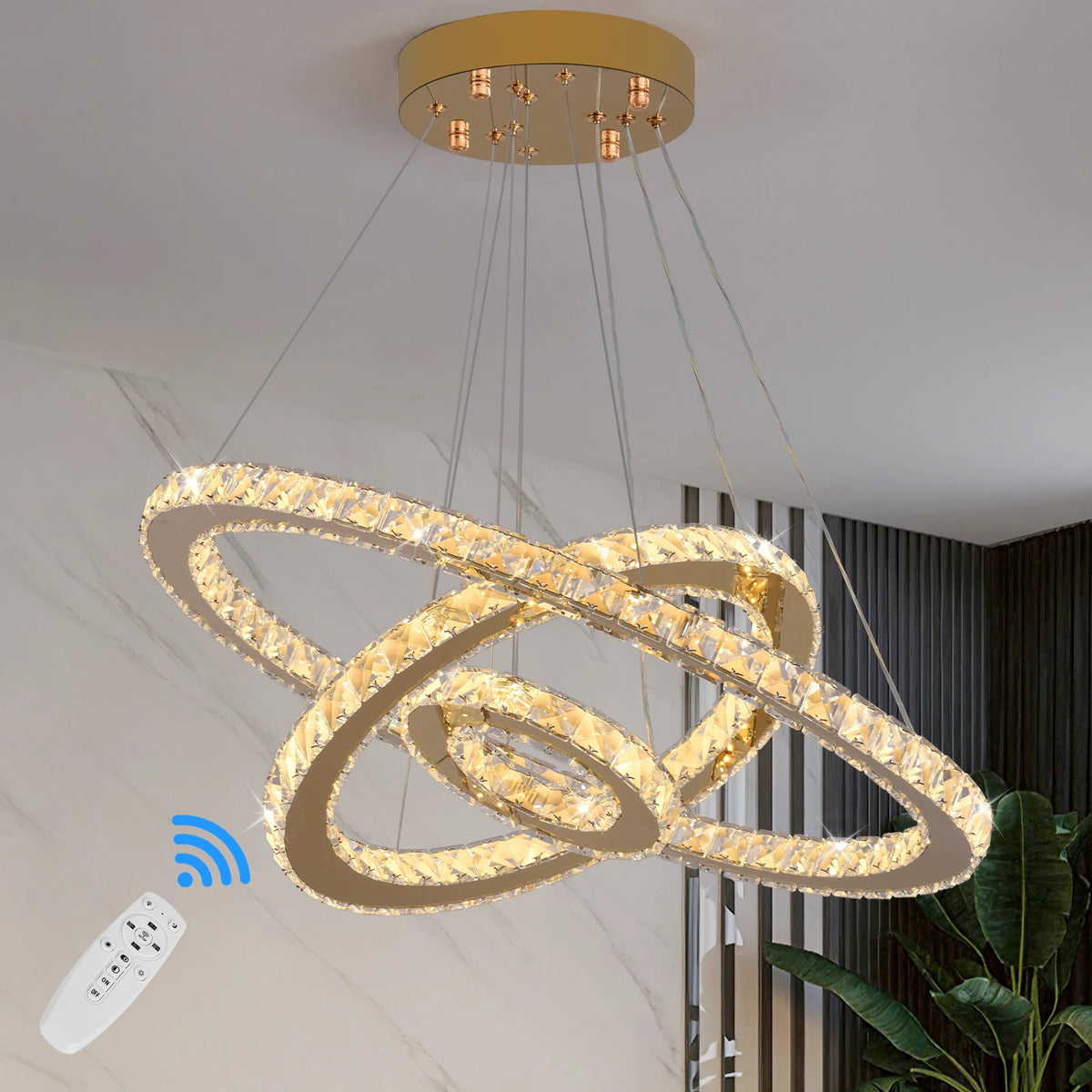 Suspension lumineuse moderne dorée cristaux scintillants led élégante télécommande entrée salon