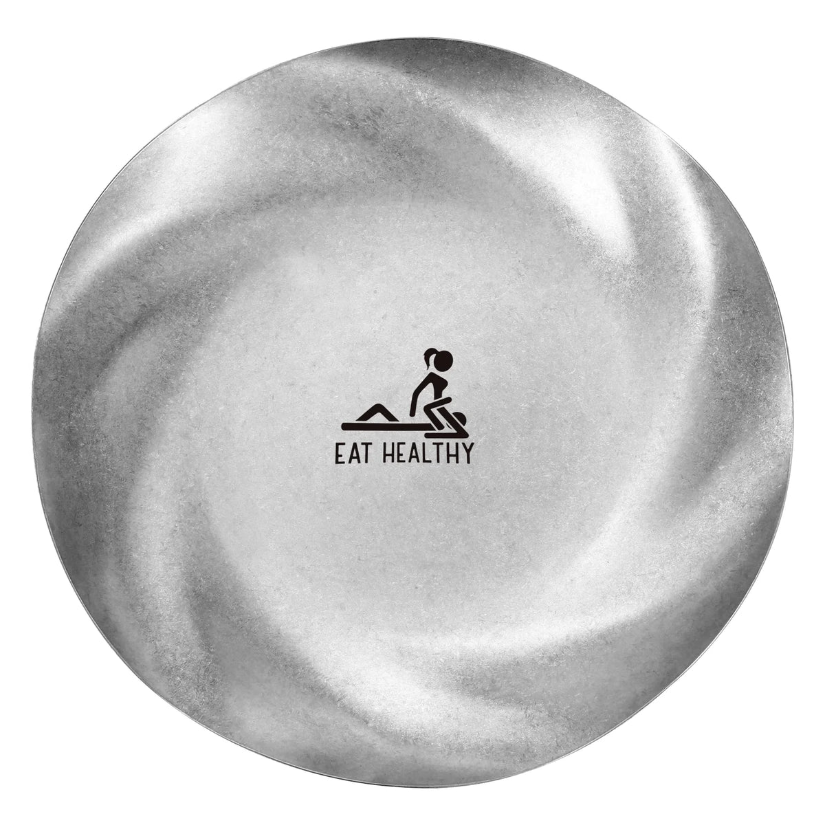 assiette ronde acier inoxydable argent antique texture métallique moderne logo gravé second cup
