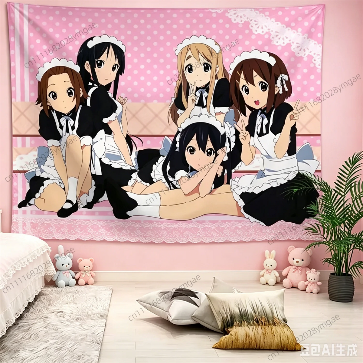 tapisserie anime mignonne pois blanc fond rose bordure dentelle chambre adolescente decoration murale