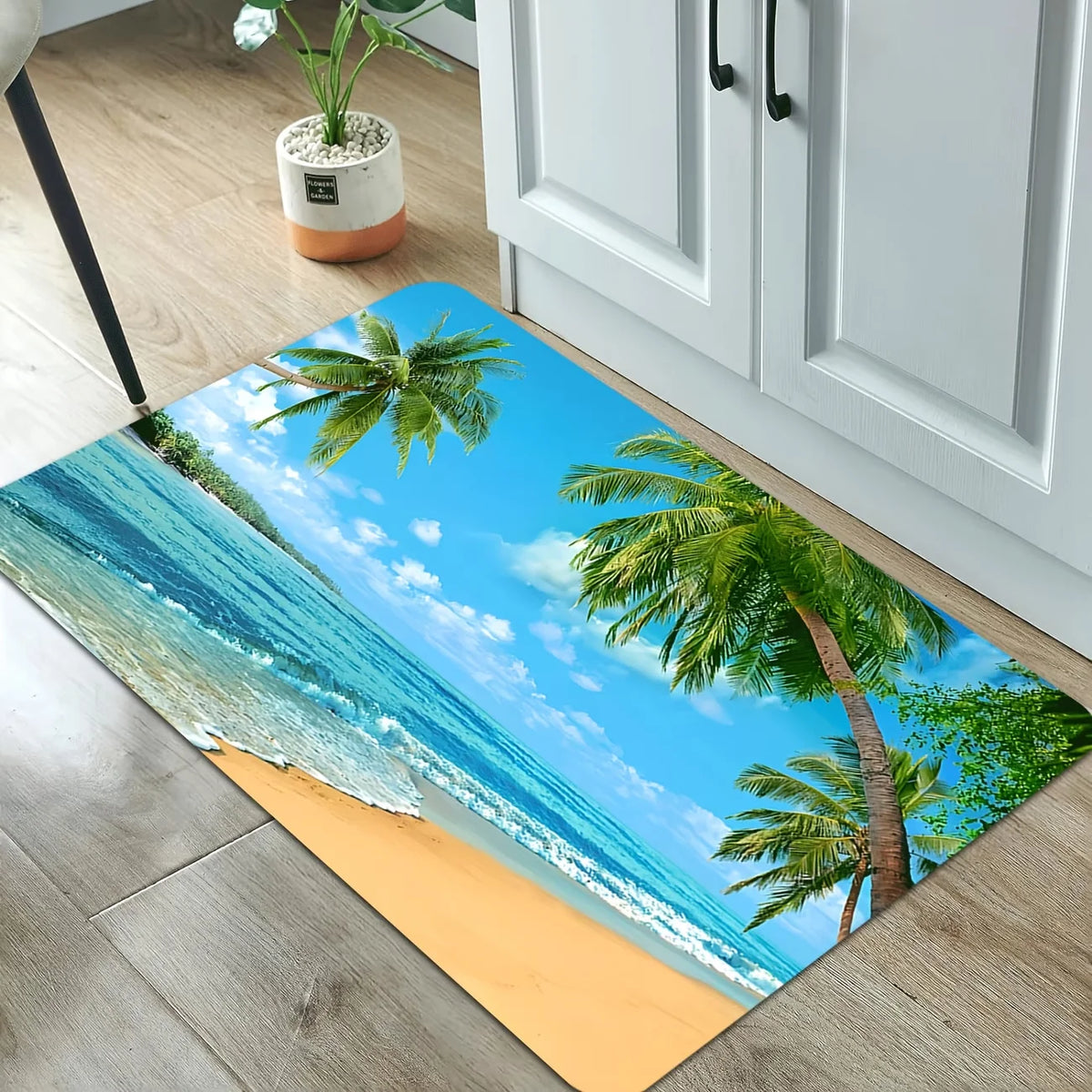 tapis sol moderne extérieur résistant rides bleu vert beige vague palmiers ananas soleil océan
