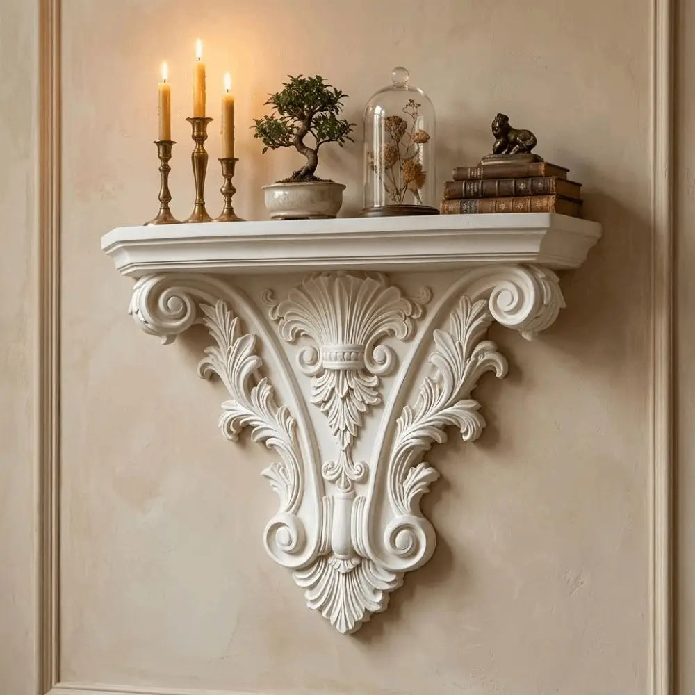 étagère murale décorative noire blanche supports sculptés chandelles bougeoirs vases fleurs petits éléments ornementaux