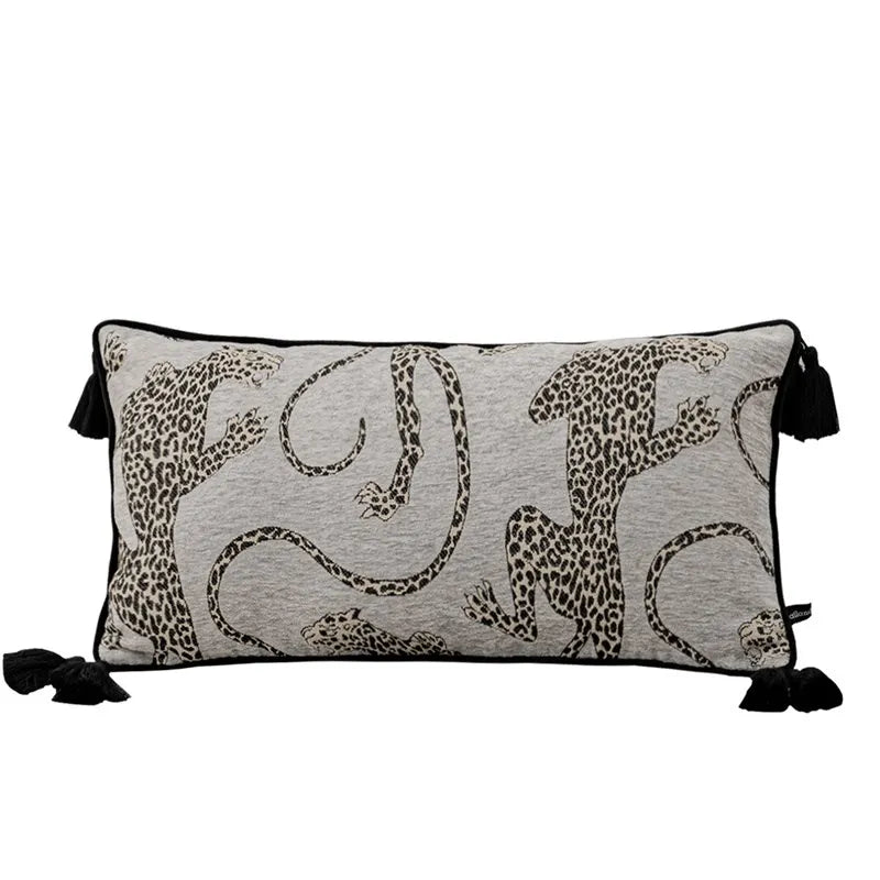 housse coussin rectangle chenille léopard brodé 30x60cm noir moderne décoration sofa lit bar
