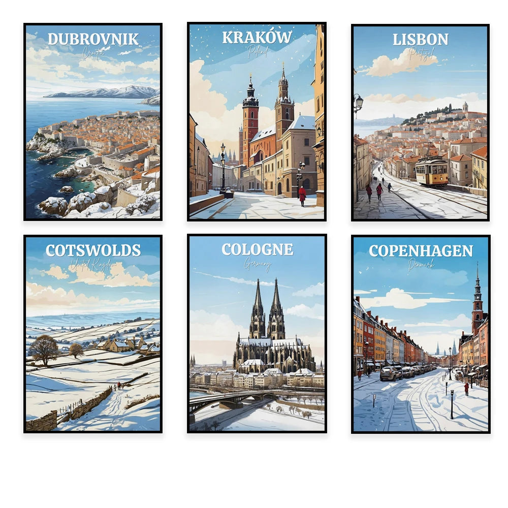 Cette image présente une collection de six affiches de voyage vintage illustrant différentes villes européennes, notamment Dubrovnik, Cracovie, Lisbonne, les Cotswolds, Cologne et Copenhague, chacune avec une représentation artistique caractéristique de ces destinations.