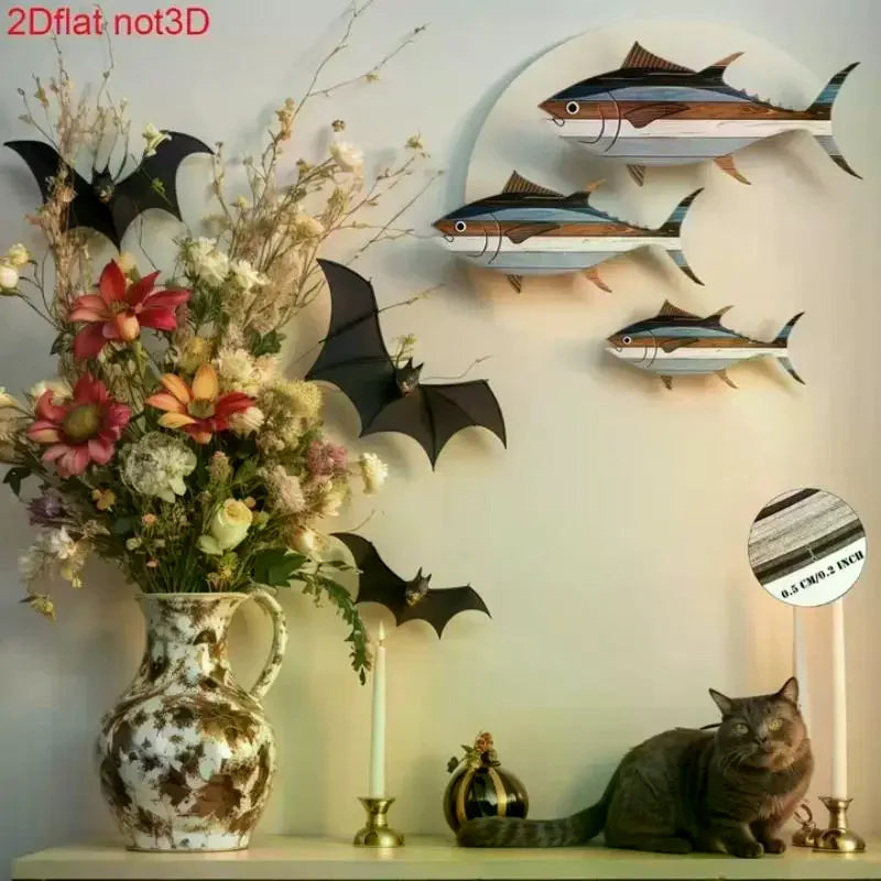 décoration murale poissons bois rayures moderne bohème 44x25cm 39x22cm 28x16cm