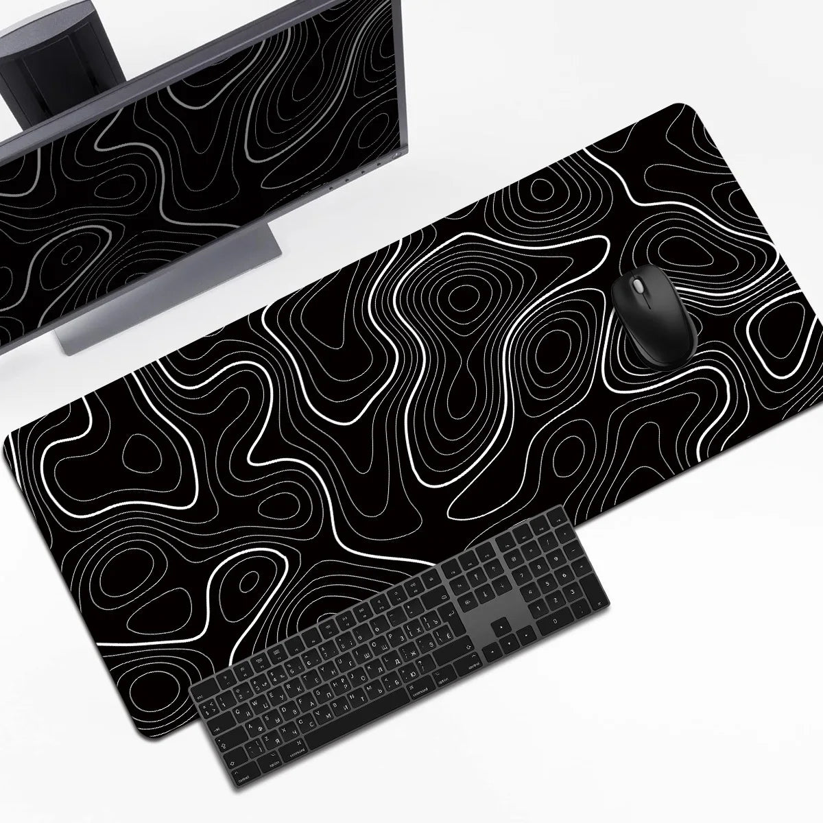 tapis souris moderne noir motif géométrique adhésif antidérapant caoutchouc large gaming
