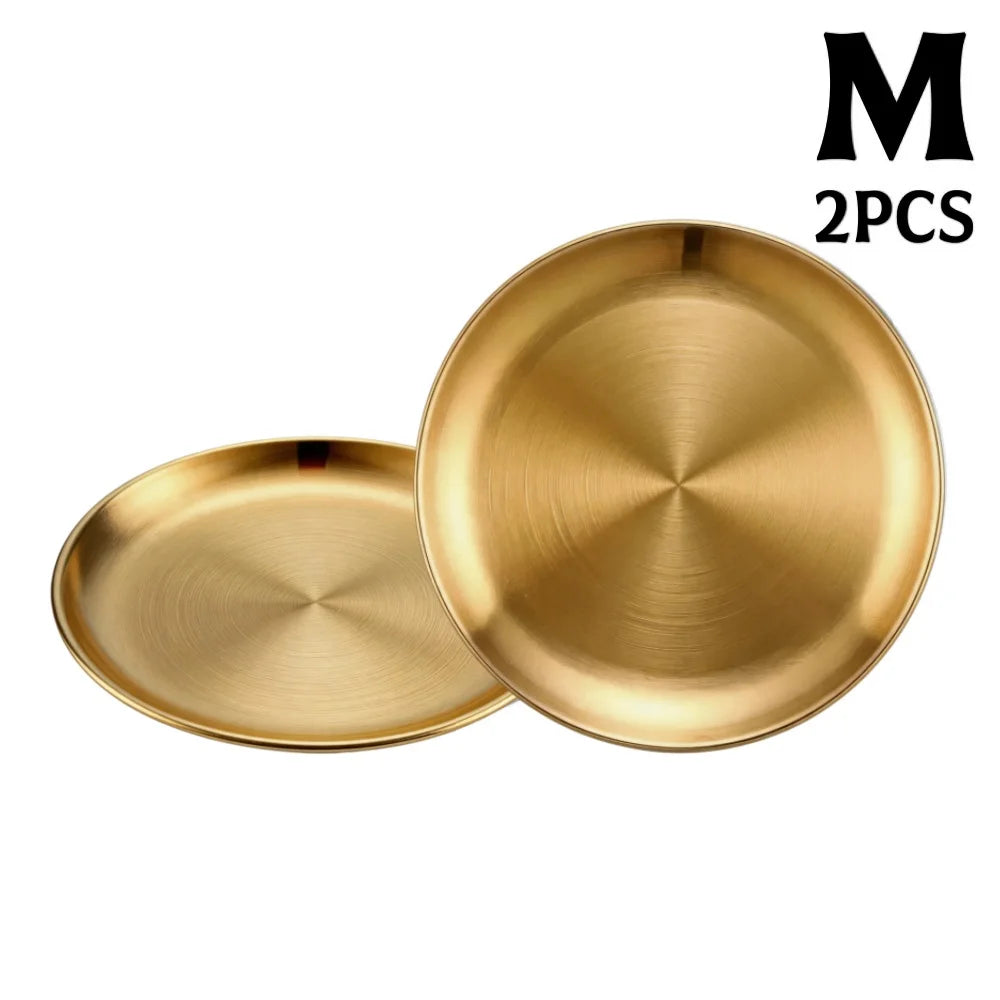 assiettes acier inoxydable or argent rondes modernes différentes tailles buffet dessert pizza