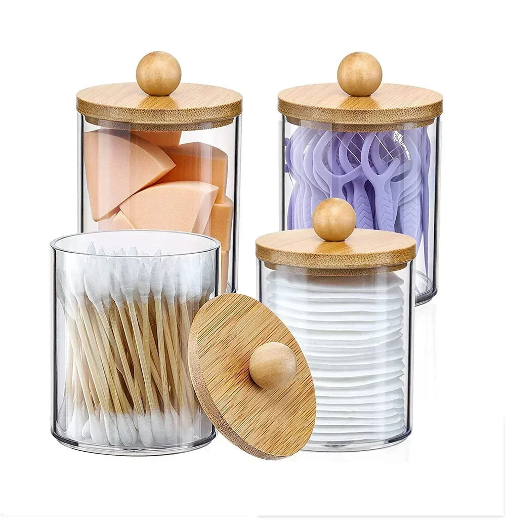 organisateur cosmétique transparent couvercle bambou moderne rangement maquillage coton sucreries cure dents pinceaux