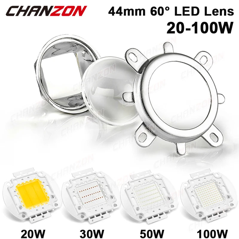 lentille led boîtier métallique 44mm 60deg angle faisceau 20w 30w 50w 100w