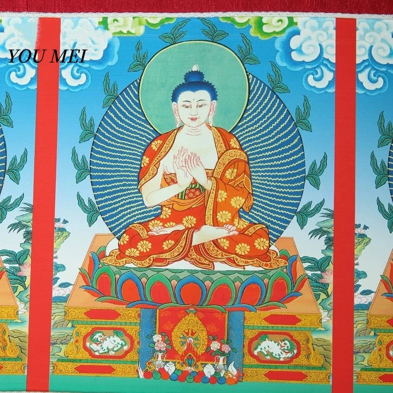 tapisserie murale bouddhiste motifs géométriques couleurs vives franges colorées art traditionnel decoration murale
