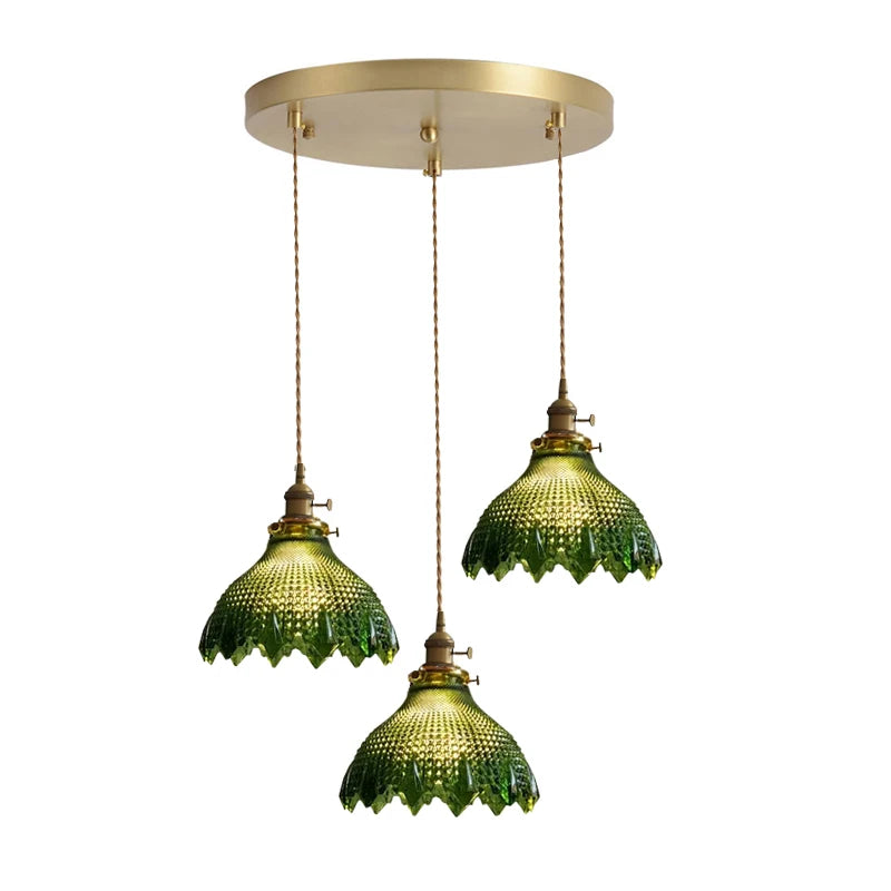 suspension lumineuse vintage vert doré motifs géométriques ampoules câbles chaînes métal
