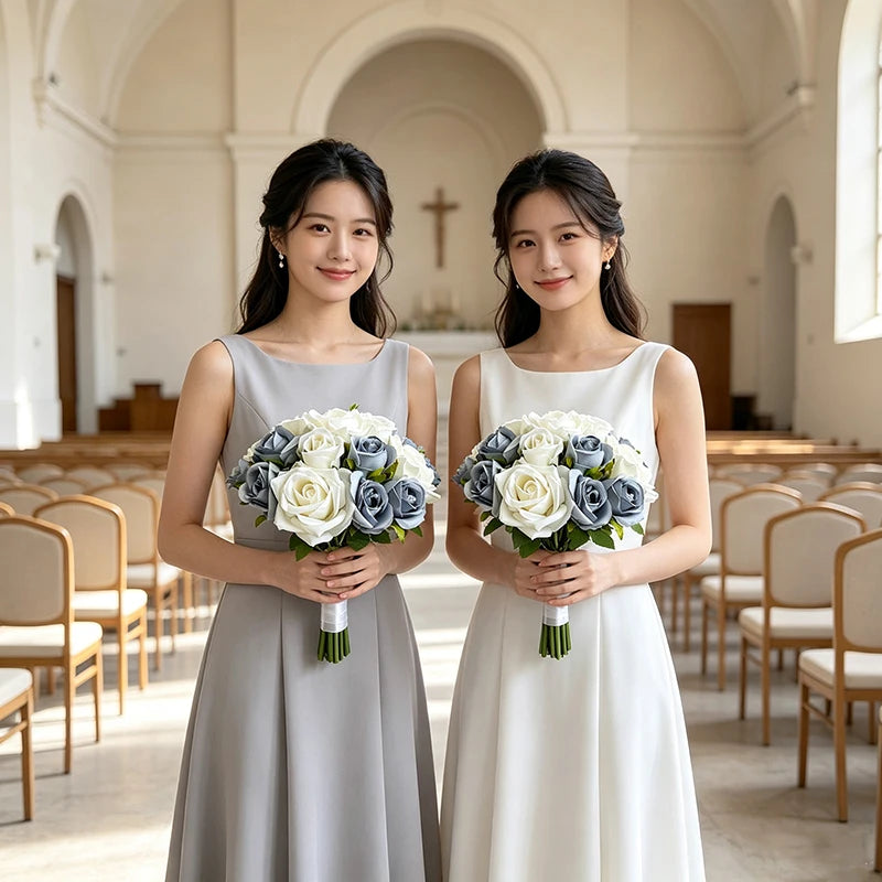 bouquets roses artificielles mariage blanc bleu gris classique élégant demoiselles honneur égliseDecorationOccasionFleursArtificielles