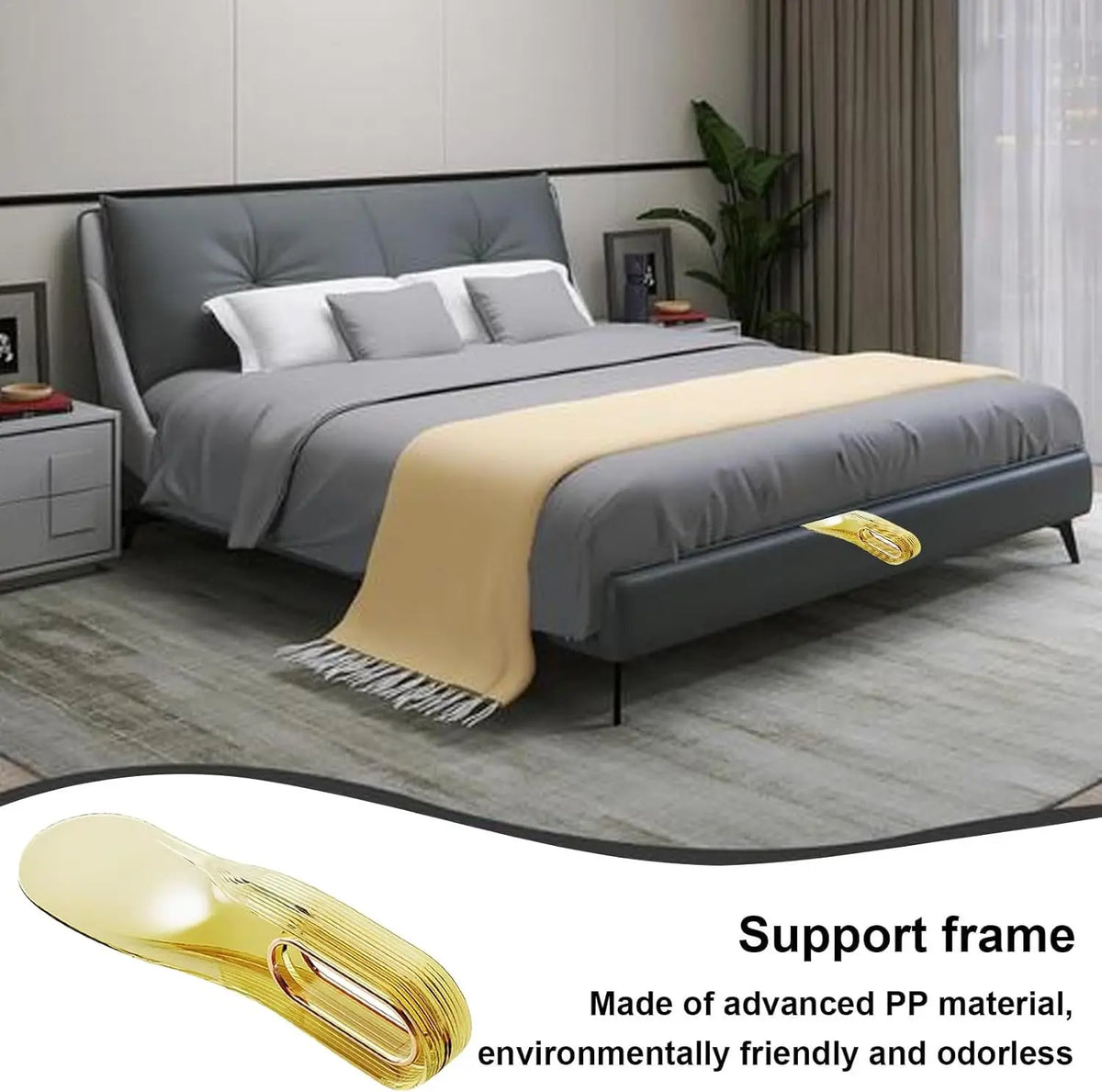 outil rehausseur lit moderne semi transparent jaune lignes horizontales facilite changement draps chambre coucher