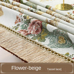 nappe table rectangulaire chenille bleue beige marron motif floral franges classique élégant