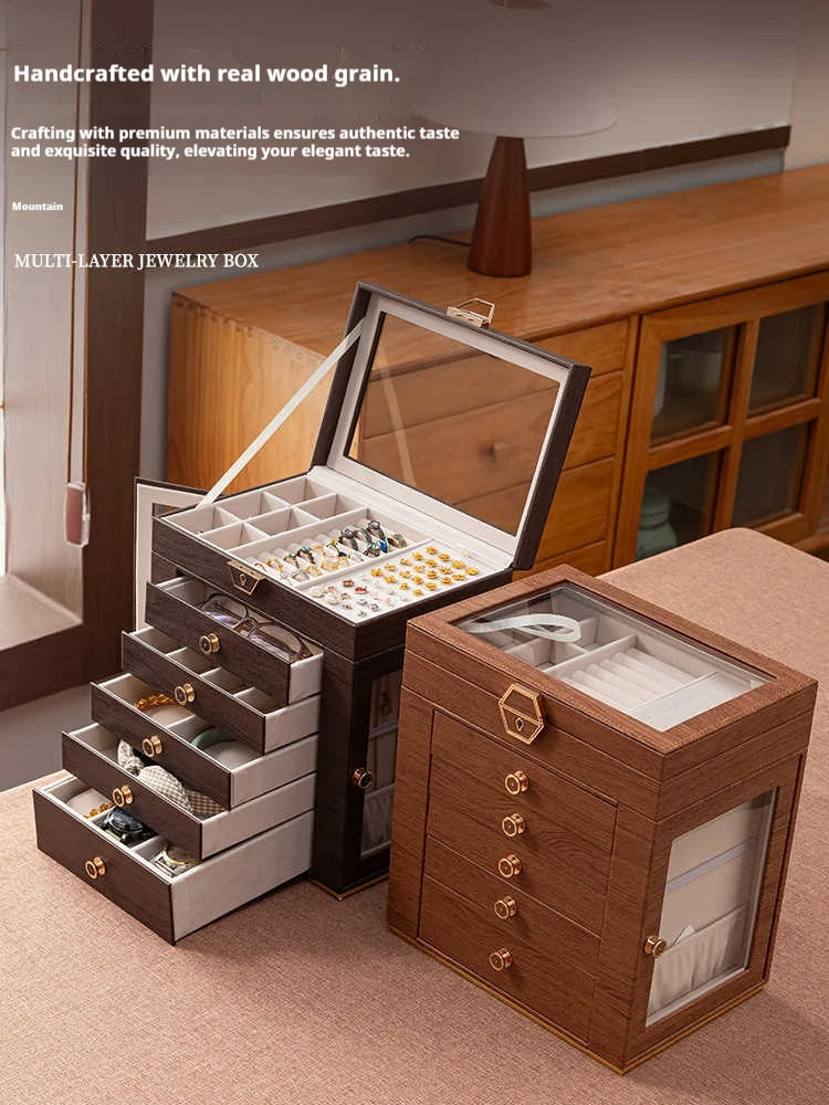 boîte bijoux multi niveaux marron foncé grain bois verre transparent poignées dorées élégante rangement