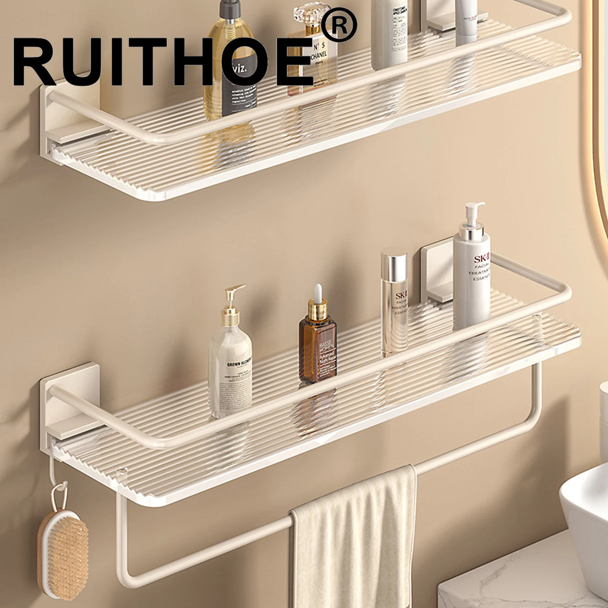 étagères murales salle bain blanc modernes adhésives sans perçage aluminium acrylique double niveau minimaliste