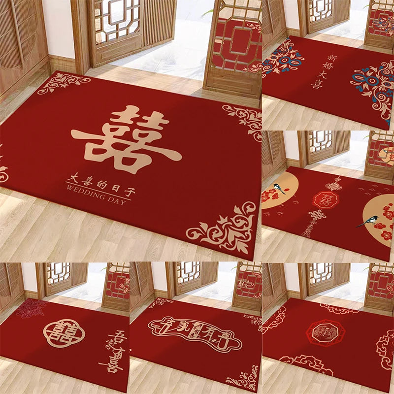 tapis porte rouge mariage chinois motif double bonheur décoration entrée maison classique décoratif