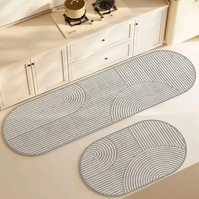 tapis sol antidérapant polyester rayé moderne salle bain cuisine beige gris clair absorbant rapide