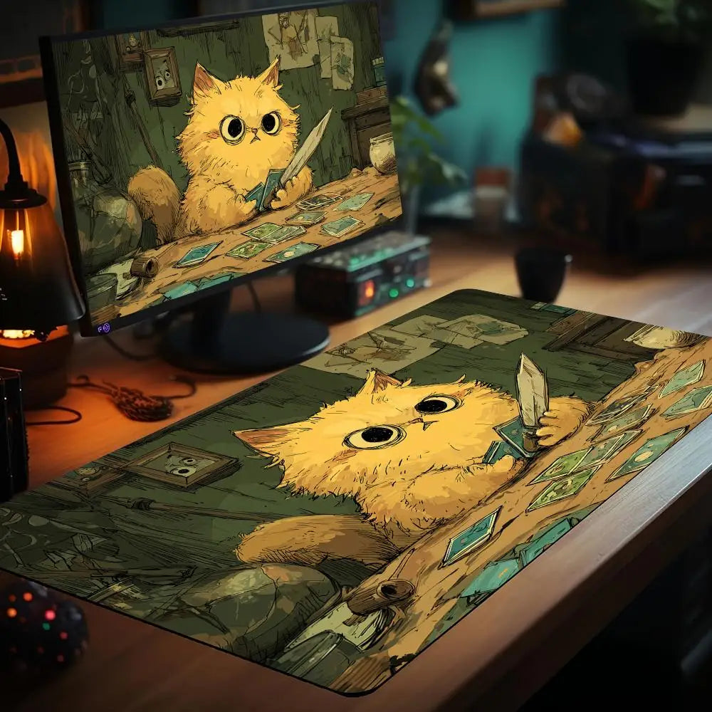 tapis jeu illustration chat cartes texturé zones jeu vert beige bleu clair art détaillé