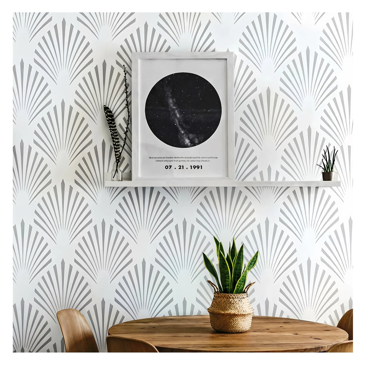 Stencil mural moderne géométrique rayures vert gris blanc adhésif opacité XL XXL