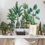 sticker mural plantes pots feuilles diverses moderne minimalisteintérieur décoration vert marron beige blanc