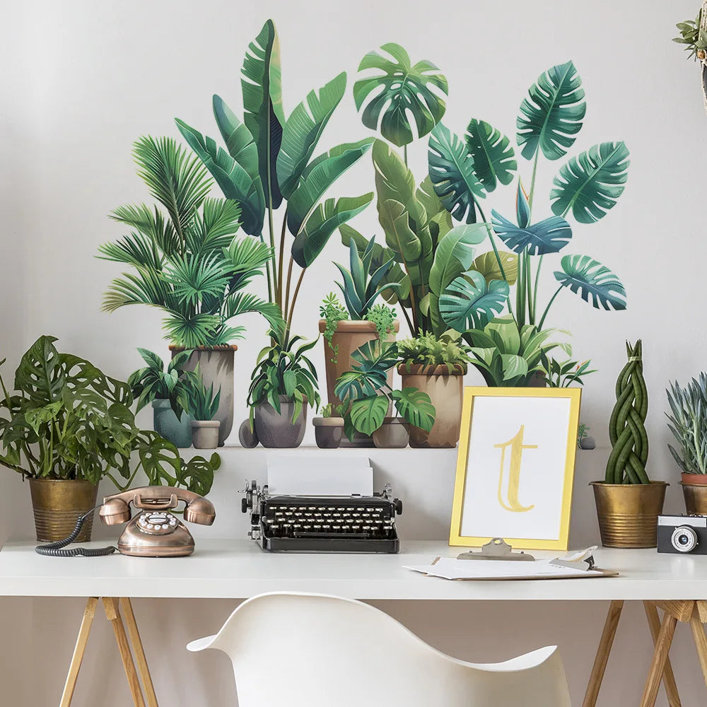 sticker mural plantes pots feuilles diverses moderne minimalisteintérieur décoration vert marron beige blanc