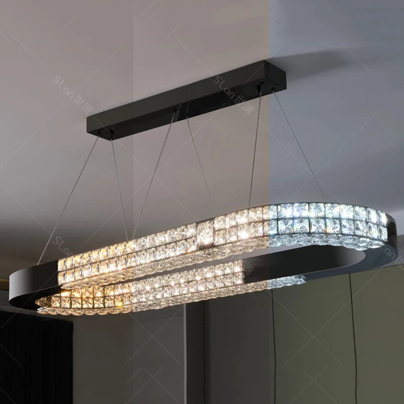 suspension lumineuse moderne cristaux géométriques noir transparent éclairage intérieur chaînes rc dimmable