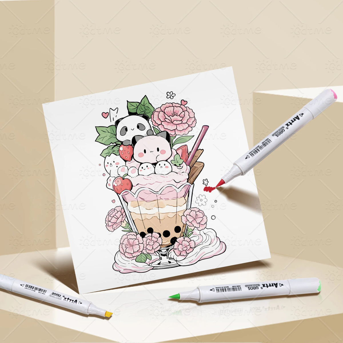 livre coloriage adultes dessins animés kawaii desserts animaux fleurs papier opaque crayons feutres gommes