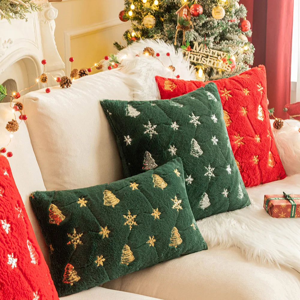 coussins décoratifs noël arbre flocons vert rouge opaques festif hiver lit sofa decoration