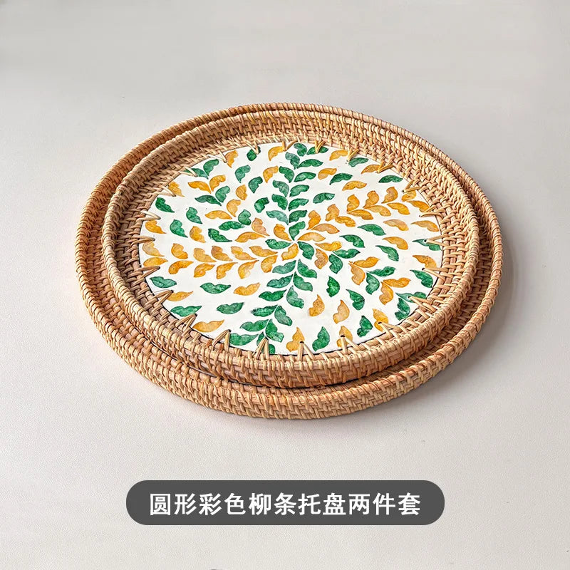 assiettes rotin naturel fleurs motifs floraux mosaïque traditionnel artisanal set deux