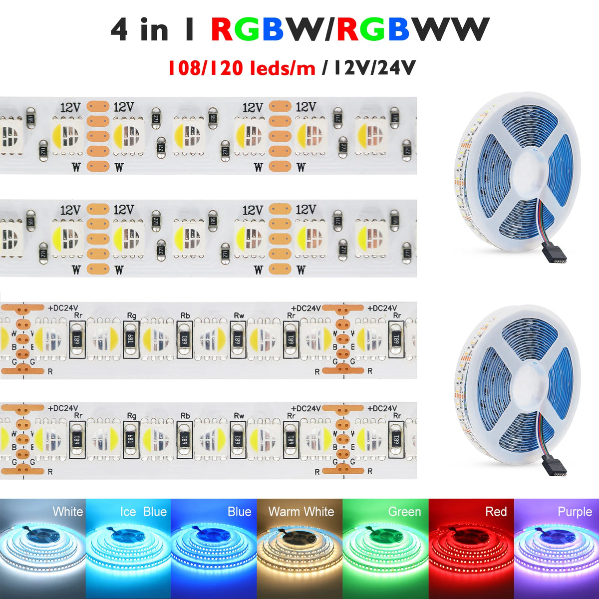 ruban led flexible rgbw rgbww 12v 24v 60 108 120 leds/m adhésif modernes diodes