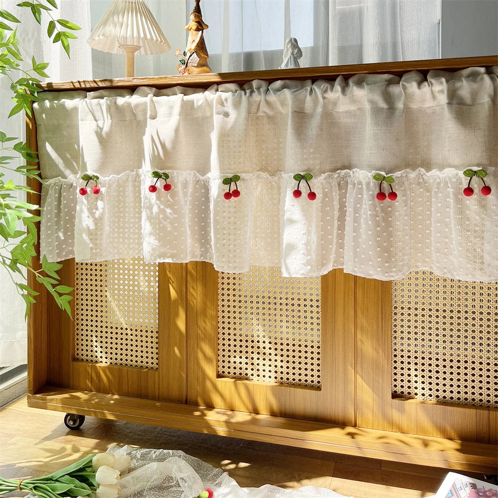 rideau blanc pois cerises relief polyester translucide decoratif rustique cuisine chambre fenetre