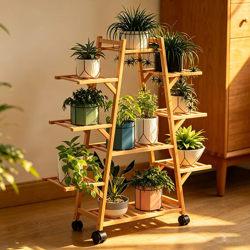 étagère roulettes bois naturel niveaux moderne plante verte balcon salon