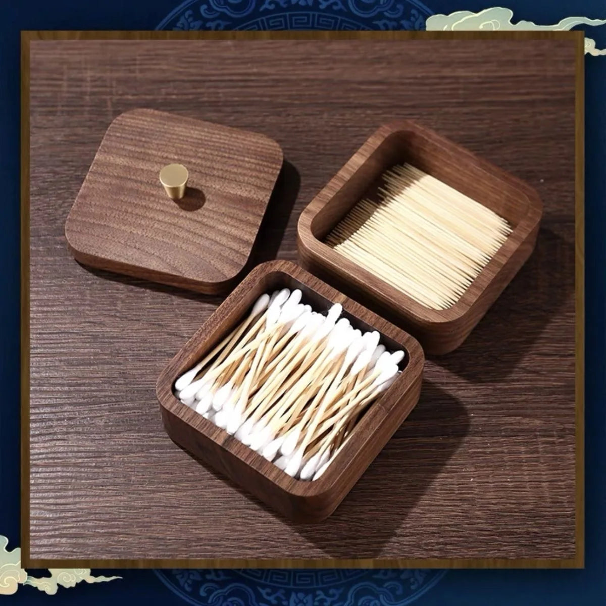 boîte rangement bois compartiments coton tige cure dents moderne minimaliste marron bouton doré
