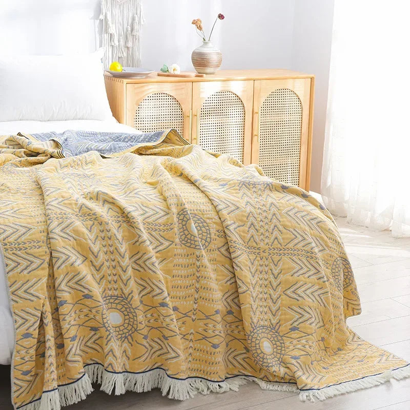 couverture coton boho chic motif floral orange bleu beige printemps automne anti boulochage utilisation