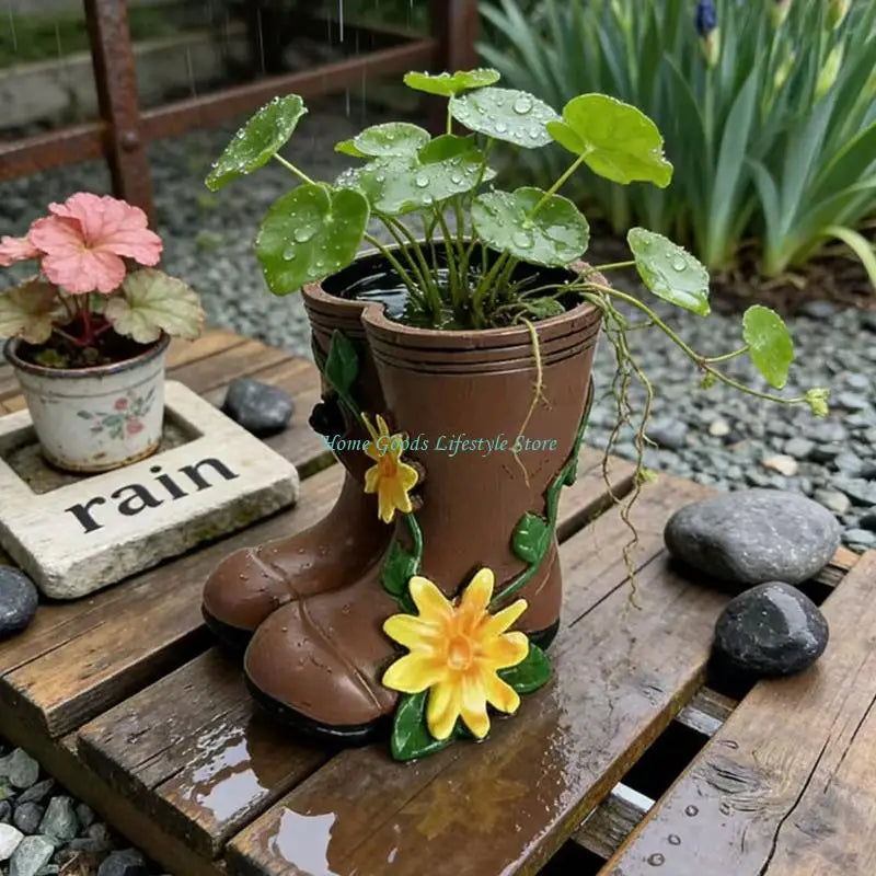 vases formes bottes pluie couleurs marron jaune vert violet rose imitation cuir fleurs rustique