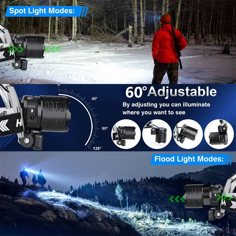 lampe frontale rechargeable noire blanche ipx7 ip6 zoomable led camping
