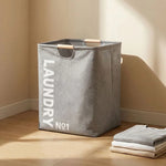 panier linge noir blanc gris toile imprimée LAUNDRY No1 moderne poignées bois capacité grande