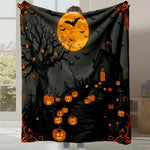 Un paysage d'Halloween avec une pleine lune orange, des citrouilles sculptées et un manoir hanté dans un ciel nocturne.