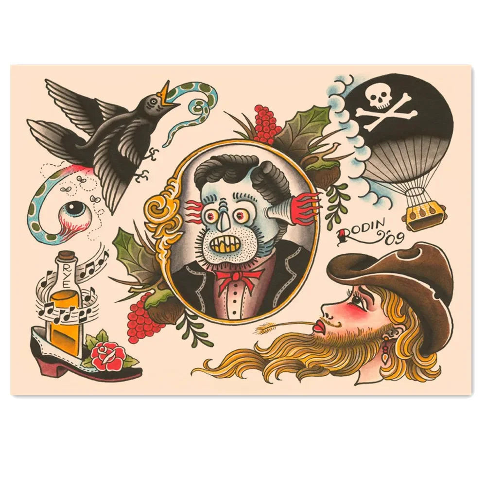 autocollants vintage tatouage multicolores têtes mort fleurs animaux opaques décoration maison stickers muraux traditionnels