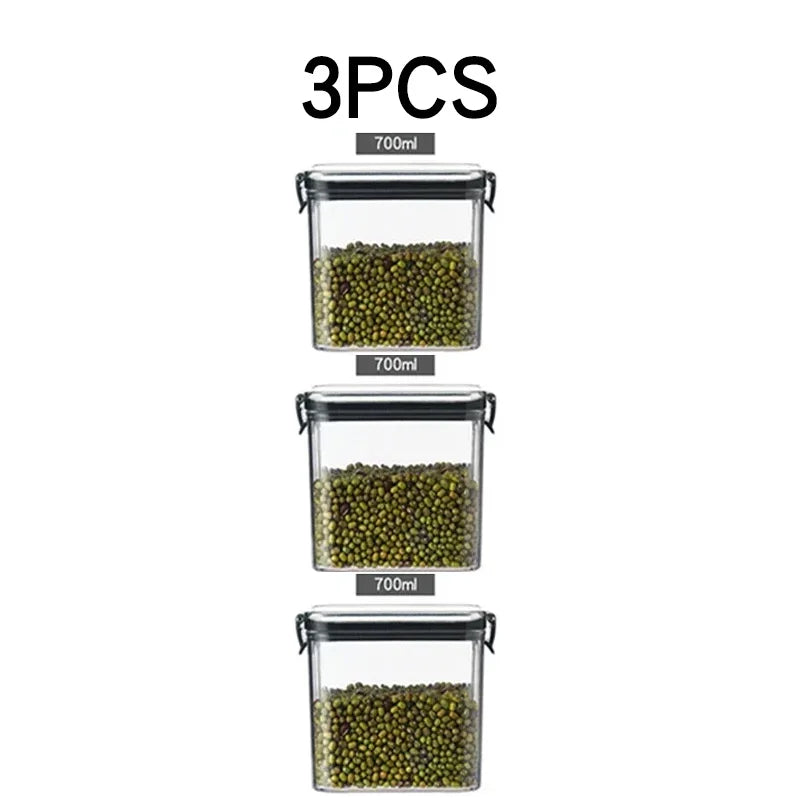 boîtes rangement alimentaire transparentes poignées noires multiple tailles réutilisables modernes pratiques épices pâtes graines