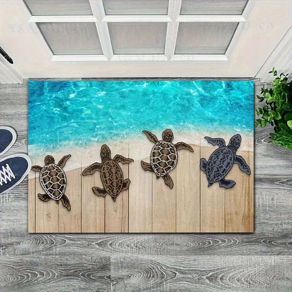 tapis sol moderne tortues marine bleu clair beige gris antidérapant extérieur intérieur patio