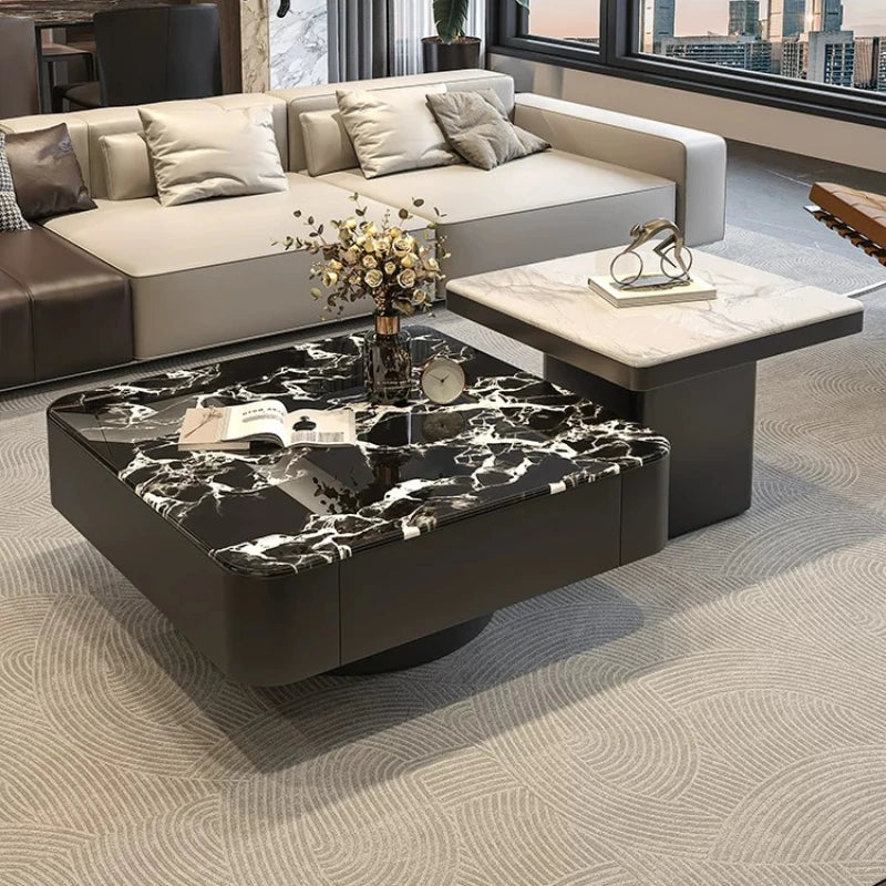 table basse carrée salon minimaliste marbre noir blanc tiroir métal solide