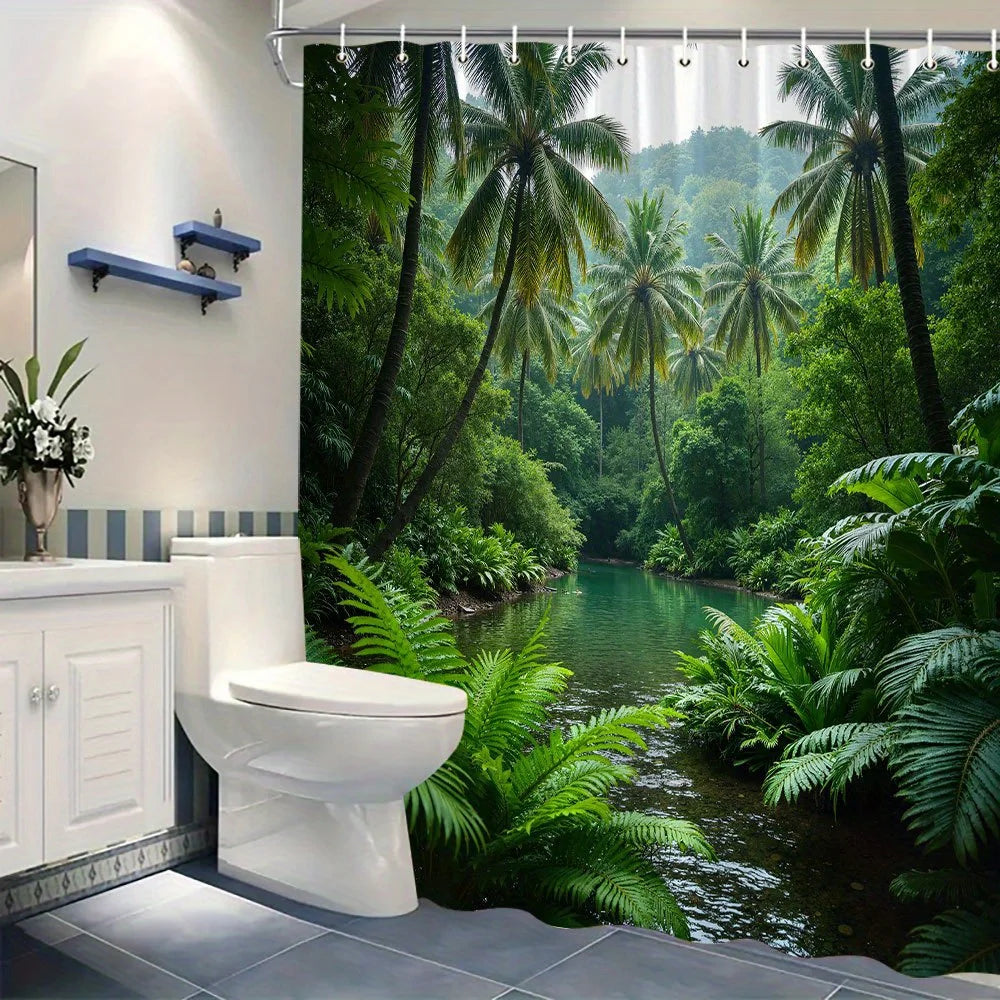 rideau douche tropical vert palmiers moderne opacité polyester machine lavable anneaux métalliques
