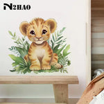 sticker mural illustration lionceau feuilles vertes orange chambre enfant salon decoration maison